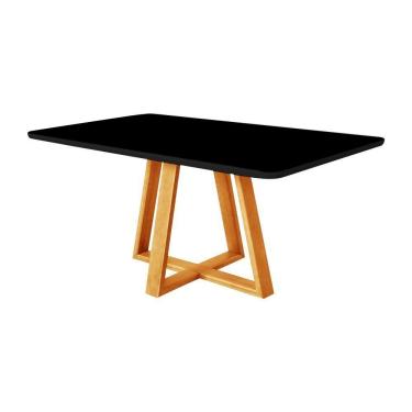 Imagem de Mesa De Jantar Luxo 120x90 Tampo Mdf/vidro Para 4 Lugares Pés Madeira Maciça Pérola - Mel/preto