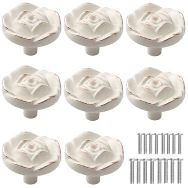 Imagem de Tverghvad Puxadores de cômoda de flor rosa, [pacote com 8] Puxadores e puxadores de armário de rosa vintage de liga de zinco, puxadores decorativos antigos para cozinha, armário, armários e gavetas