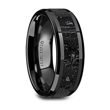 Imagem de VESUVIUS Aliança de casamento de cerâmica preta polida com bordas chanfradas polidas embutidas em pedra vulcânica preta e cinza - 8 mm, Cerâmica