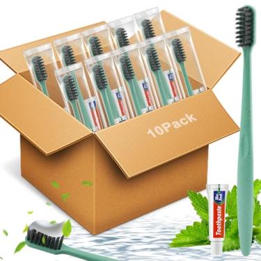 Imagem de HOFASON Escovas de dentes descartáveis com pasta de dente, pacote com 10 escovas de dentes verdes individualmente embaladas para viagem, kit a granel para sem-teto