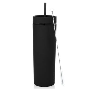 Imagem de Volhoply Copo skinny de plástico de 590 ml, copos de parede dupla com tampa e canudo, caneca de café gelada de viagem reutilizável, copos de água de acrílico fosco sem BPA com canudo para festas