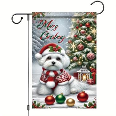 Imagem de Starlit Patio Merry Christmas Bandeira de jardim de terrier maltês bandeira de cachorro natal inverno ao ar livre quintal decoração de casa banner de quintal 30,5 x 45,7 cm dupla face vertical