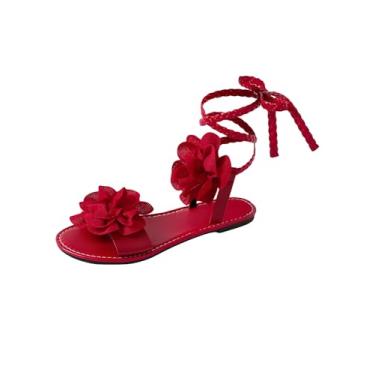 Imagem de GORGLITTER Sandália feminina 3D com cadarço floral trançada, bico aberto, tiras amarradas na praia, sapatos deslizantes 2025, Vermelho, 36