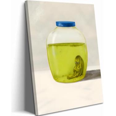 Imagem de Arte de parede em tela engraçada emoldurada de cozinha, The Last Pickle em jarra de pepino verde, pinturas de decoração de parede, impressões de pickle solitário, decoração eclética de casa para sala