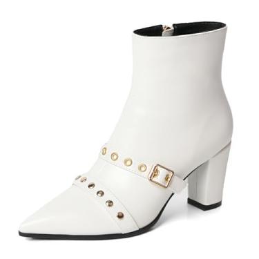 Imagem de MEOTINA Salto alto dourado feminino salto gatinho bico fino bota feminina fivela salto alto tornozelo metálico sapatos, Bico fino branco, 40