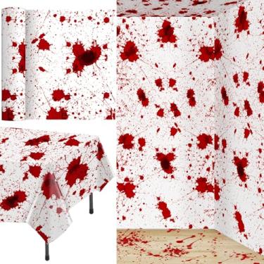 Imagem de Oudain Toalha de mesa longa sangrenta de Halloween de 30,5 m x 137 cm, papel de parede de terror, papel de parede retangular, descartável, plástico, retangular, coberturas de fundo para decorações de