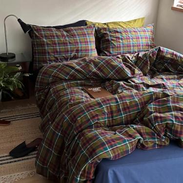 Imagem de mixinni Conjunto de edredom vintage multicolorido guingão tamanho Queen - 100% algodão lavado, 3 peças, estampa xadrez retrô (1 edredom + 2 fronhas), leve e respirável para todas as estações