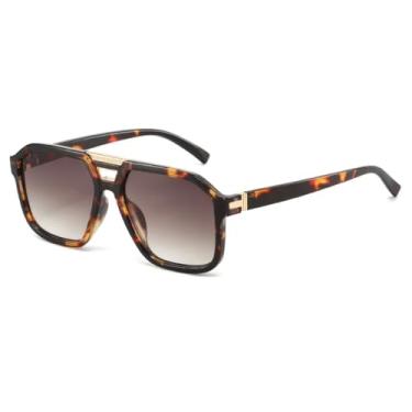 Imagem de Óculos de sol femininos com estampa de leopardo e feixe duplo retrô, armação em cores contrastantes, design casual masculino, óculos UV400 (chá de leopardo)