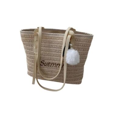Imagem de Bolsas femininas de grande capacidade de palha de praia bege com pingente