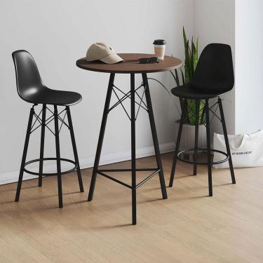 Imagem de Conjunto Mesa Bistrô Redonda Estrutura em Ferro Preto com Tampo Amendoa com 2 Banquetas Eames Preta