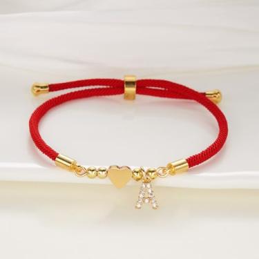Imagem de Pulseira feminina banhada a ouro 14 quilates - delicado cabo vermelho letra A - Z pingente de coração, hipoalergênico, não mancha, presentes de aniversário de Natal joias modernas, "M", Aço inoxidável