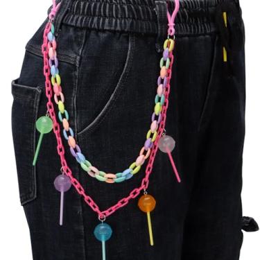 Imagem de Corrente de calça jeans hip-hop punk com pingente de pirulito arco-íris para mulheres e homens, colorido, acrílico, grosso, em camadas, franja, rock, rua, calça, bolso, carteira, corrente, cinto