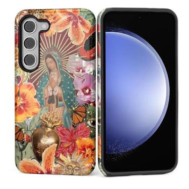 Imagem de Capa para Samsung Galaxy S23 Plus, silicone macio fosco + PC rígido antiarranhões capa protetora 2 em 1 resistente à prova de choque para mulheres e homens - colagem de flores da Virgem Maria