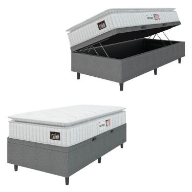 Imagem de Cama Box Baú Colchão Solteiro Espuma D33 Vangogh Pillow Top 88x188x70cm Branco-Cinza Hellen Suporta até 120kg por Pessoa