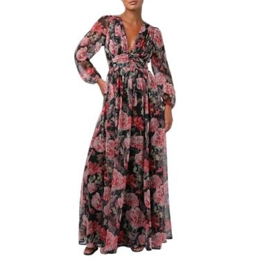 Imagem de Lulus Vestido longo feminino de manga comprida e pérola, Borgonha floral, GG