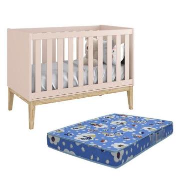 Imagem de Berço Mini Cama Classic Rosa Fosco Pés Madeira Natural Com Colchão D18 - Reller Móveis Rosa Fosco