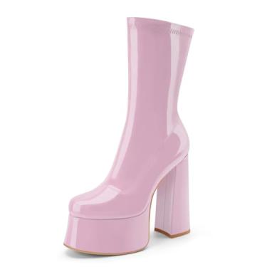 Imagem de Perisis Bota feminina de cano curto com plataforma GoGo, salto alto, redondo, com zíper, de couro, cano médio, para festa rave, Patente rosa claro, 35
