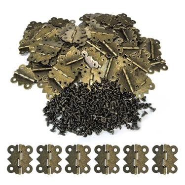 Imagem de LEFTSTARER 60 peças de dobradiças de porta de armário antigas de 3,5 cm com parafusos, estilo borboleta de bronze, pequenas dobradiças para caixas de joias de madeira de armário de artesanato (A.60