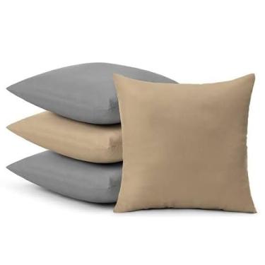 Imagem de Kit com 4 Almofadas Decorativas 45x45cm com Enchimento | Almofadas Coloridas para Sala, Quarto e Sofá | Capas em Microfibra com Zíper(MIX_PALHA&CINZA LISO)