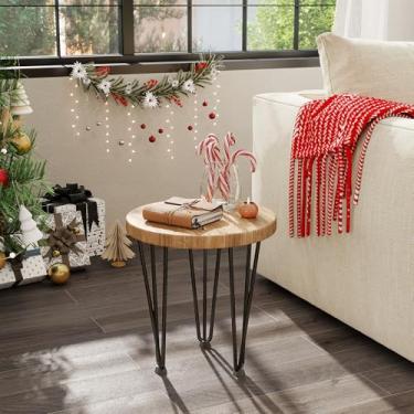 Imagem de Fun Memories Mesa de centro redonda - Mesa de assentamento de madeira de olmo com pernas de metal e base antiderrapante para pés - Mesas de canto rústicas para sala de estar e quarto - 35,5 cm P x