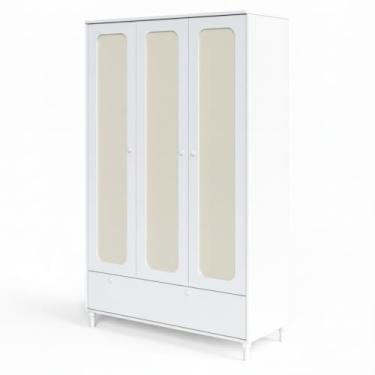 Imagem de Guarda-Roupa Infantil Fofura 3 Portas Divicar MDF Branco com Pés e Puxadores em Madeira Maciça, Pintura Atóxica, Acabamento Laqueado UV e Gavetas com Trilhos Telescópicos (Branco/Rattan)