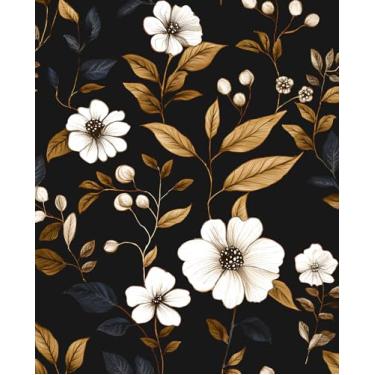 Imagem de Fvlow Papel de parede floral preto vintage descasque e cole 44 cm x 299 cm, papel de contato com padrão floral branco retrô dourado clássico cobertura removível para quarto, banheiro, armário, gaveta