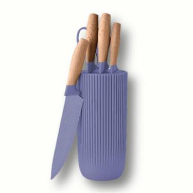 Imagem de Conjunto 6 Facas Chef com Organizador, Aço Inoxidável, Cabos em Madeira Natural, Design Moderno e Minimalista (Azul aço)