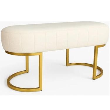 Imagem de Puff Banco Luna Bouclê Branco com Pés em Metal – Puff Decorativo Industrial Moderno para Sala e Quarto(Branco C/Dourado)