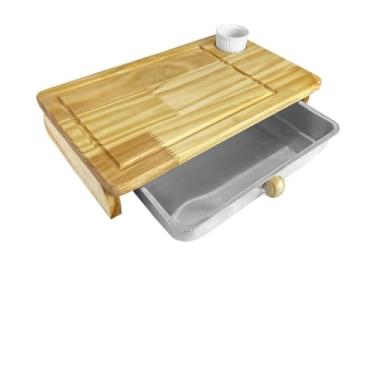 Imagem de Tábua para Churrasco com Bandeja de Alumínio e Porta-Molhos - Prática e Fácil de Limpar (Madeira Pinus - Com Bandeja)