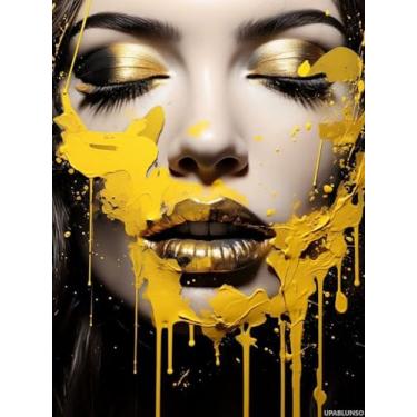 Imagem de UPABLUNSO Kit de pintura de arte de diamante 5D com arte de diamante redondo completo para iniciantes adultos em ponto cruz, arte de parede, decoração de casa, tinta amarela, rosto de mulher 30 x 40