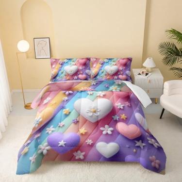 Imagem de QOOMO Jogo de cama com estampa de coração e arco-íris, tamanho casal, para decoração de quarto de meninos e adolescentes, macio e leve para todas as estações, 1 edredom e 2 fronhas