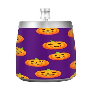 Imagem de Qilmy Cinzeiro de aço inoxidável padrão de Halloween com tampa - Cinzeiro de cigarro à prova de vento sem cheiro sem fumaça para casa, escritório, carro, pátio, varanda (uso interno e externo)