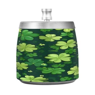 Imagem de JUZIHAI Cinzeiro de trevo de dia de São Patrício com tampa, bandeja de cinzeiro de aço inoxidável inodoro à prova de vento cinzeiro sem fumaça para escritório em casa, pátio, varanda, fumar cigarros