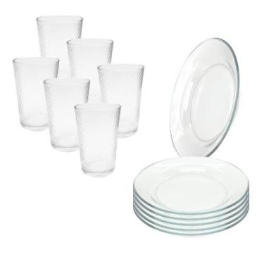 Imagem de Jogo 12 Peças Aparelho de Jantar 6 Pratos Fundo Liso Vidro + 6 Copos L