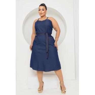 Imagem de Vestido Feminino Jeans Midi com Elastano Plus Size com Alcinhas Super 