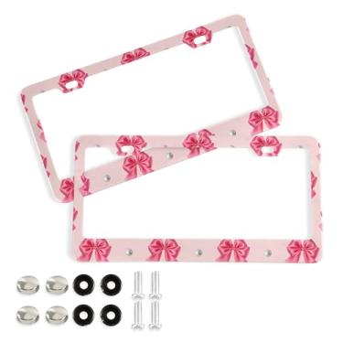 Imagem de SEHANY Lindas molduras de placa de licença de laço rosa, moldura de placa de carro de alumínio à prova de ferrugem com orifícios elípticos e parafusos serve para veículos padrão dos EUA tamanho