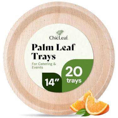 Imagem de Chic Leaf Bandeja de folhas de palmeira como bandeja descartável de bambu e bandeja de 35,5 cm redonda (10 bandejas) tábua de charcutaria biodegradável e bandeja de festa para casamentos, churrascos e bufê