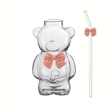 Imagem de Copo de vidro com laço de urso fofo com canudo combinando – Copo reutilizável para café gelado, chá, suco e bebidas diárias