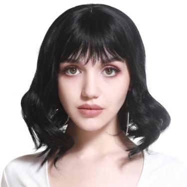Imagem de Peruca curta Bob com franja franja ondulada encaracolada perucas para mulheres sintético Pixie linda peruca falsa em camadas preto azeite