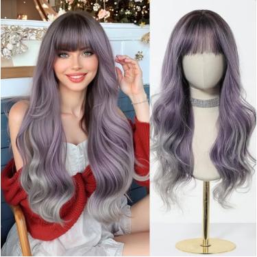 Imagem de Esmee 60 centímetros de comprimento ombre ondulado roxo a cinza peruca com franja para mulheres cabelo sintético natural resistente ao calor perucas ombre raízes escuras para festa diária cosplay uso