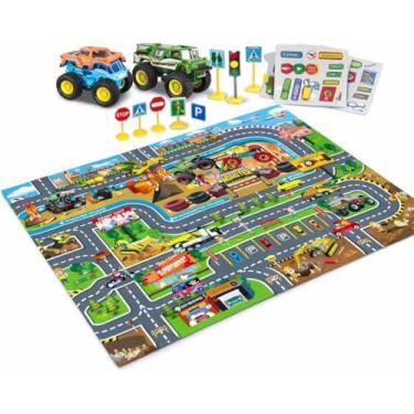 Imagem de Conjunto Carrinho com Tapete e Acessórios, Tapete Ilustrado 80x70cm, 2 Carrinhos, Kit Acessórios Trânsito, Plástico e Tecido Sintético, Verde, +3 Anos