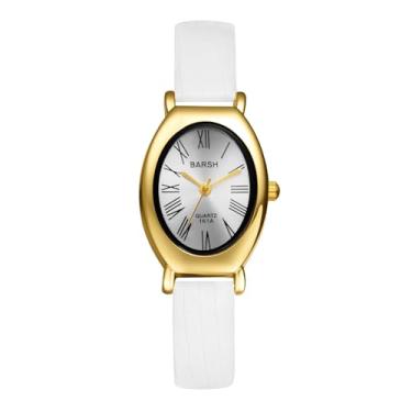 Imagem de JewelryWe Relógio feminino de couro oval: caixa dourada vintage com mostrador de numerais romanos, pulseira de couro PU, relógios sociais, relógio de pulso de quartzo analógico pequeno e delicado