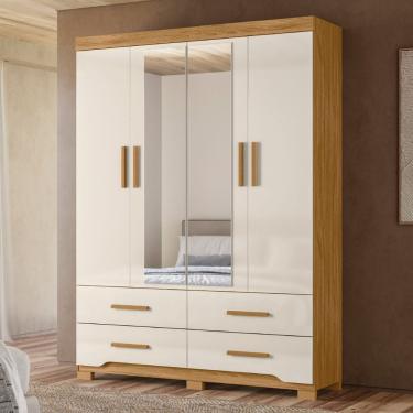 Imagem de Guarda Roupa Casal Miami 4 Portas de Bater 4 Gavetas MDP com Espelho Madeirado - Off White Moval Móveis