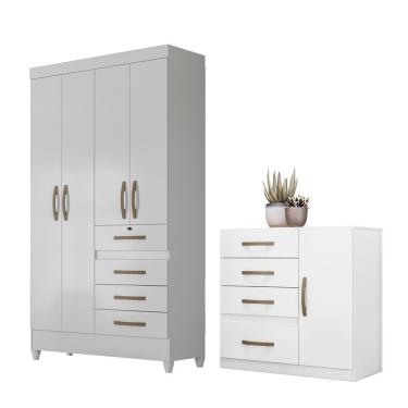 Imagem de Conjunto Guarda Roupa Casal e Cômoda Seicheles 4 Portas de Bater 4 Gavetas Branco-Rosa-Azul-Lilás MDP