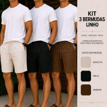 Imagem de Kit 3 Bermudas Linho Leves e Confortáveis  Estilo Versátil: Bege, Pret
