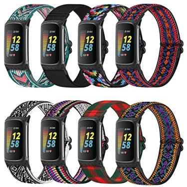 Imagem de ShuYo Pacote com 8 faixas elásticas compatíveis com Fitbit Charge 5, pulseira de substituição elástica nylon cinta esportiva para Fitbit Charge 5 mulheres e homens