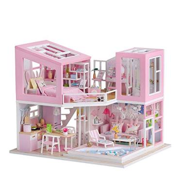 Imagem de Henniu Casa de Boneca em Miniatura DIY Casa de Boneca de Madeira com Móveis e LED Rosa Claro Loft House Brinquedo Infantil Presentes Criativos para 14+ Crianças Adultos Amigos Família