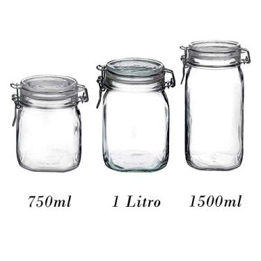 Imagem de 3 Potes de vidro Fido Rocco Bormioli com tampa hermética - 1 750ml + 1 1000ml (1 Litro) + 1 1500ml (1,5 Litro)