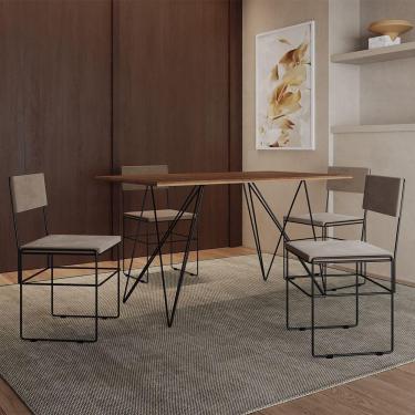Imagem de Mesa Jantar Industrial Trama 1,40X0,80M Amêndoa Com 4 Cadeiras Estofadas Vitória Bege E Preta
