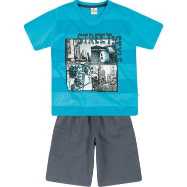 Imagem de Conjunto Infantil Brandili Camiseta e Bermuda - Em Meia Malha e Sarja - Azul